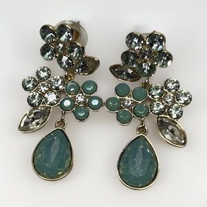 Teal Crystal Floral Drop Earrings | Gold Tone | Statement Dangle | Women